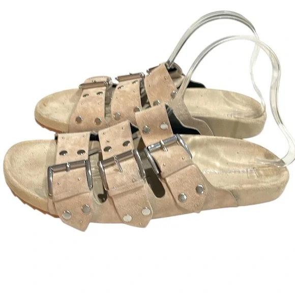 Rebecca Minkoff Triple Strap Tania Studded Slide Sandals Sahara Tan Suede SZ 9.5 - Picture 3 of 9